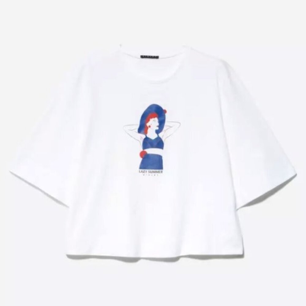Sisley Lazy Summer Cropped Retro Glam Pinup Lady Graphic Half Sleeve Tee T-Shirt